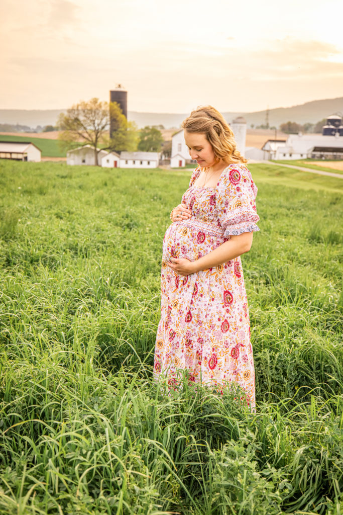 mom to be in maternity sundress in field on a farm